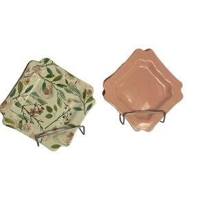 Sweet Laurel Dessert Plates 4 Square Scalloped‎ Pink & Floral Ceramic 6.5"